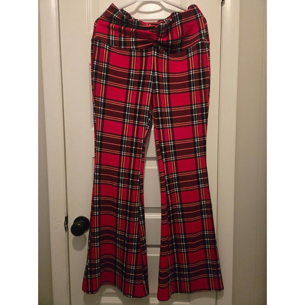 Red, Black, and White Plaid flare leg pants by Shein size L